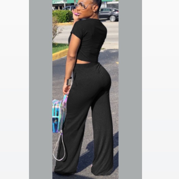 Short Sleeve Crop/ Wide Leg 2 Piece Set S-XL Black - Picture 4 of 6
